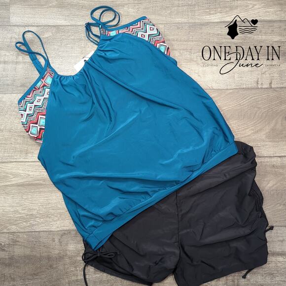 Hanna Nikole Plus Size Ruched Boyshort Double Up Tankini Swimsuit Size 24W - Picture 3 of 6